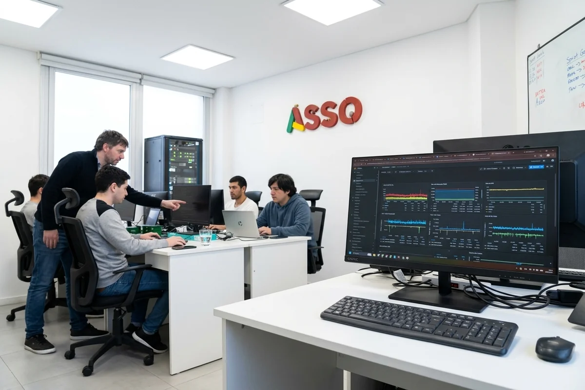 Equipo de ingenieros de ASSO en oficinas y monitoreo de infraestructura 24/7